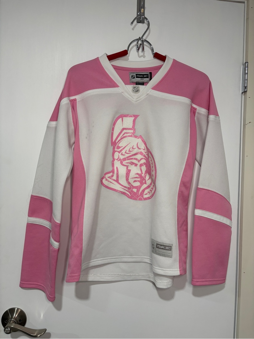 Reebok Ottawa White And Pink Women’s Hockey Jersey with Logo